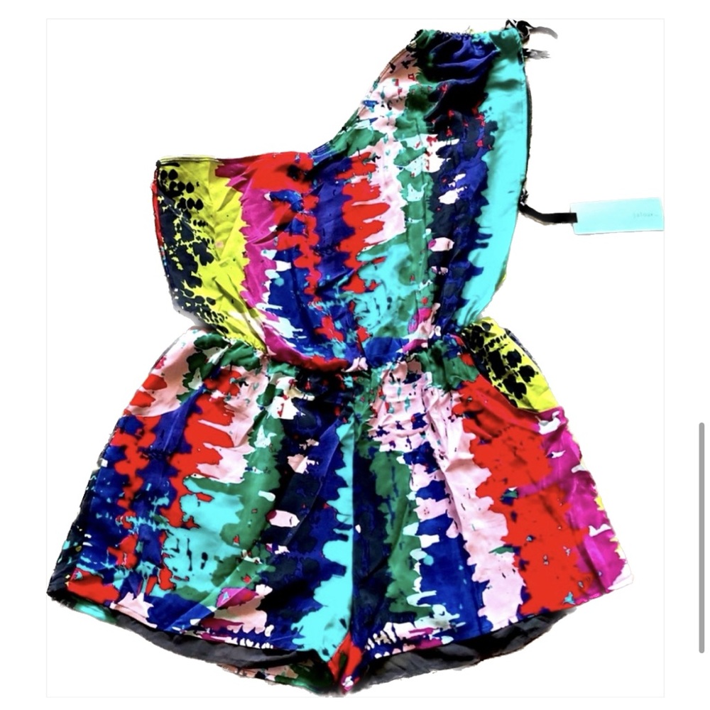 Y2K Jaloux Silk Abstract Printed Multicolored One Shoulder Shorts Romper
